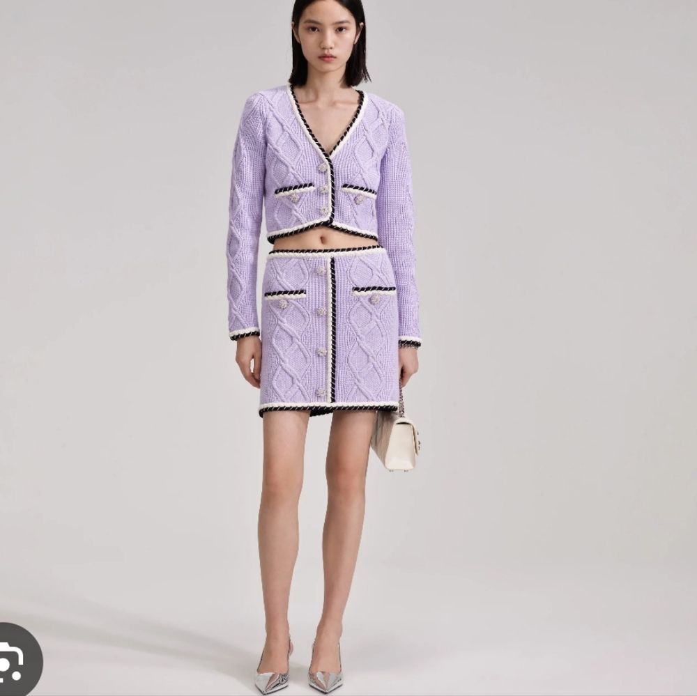 Self-Portrait cable knit purple lilac cardigan and skirt set new with tags